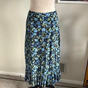 Vintage Blue and green floral daisy midi skirt with ruffle hem